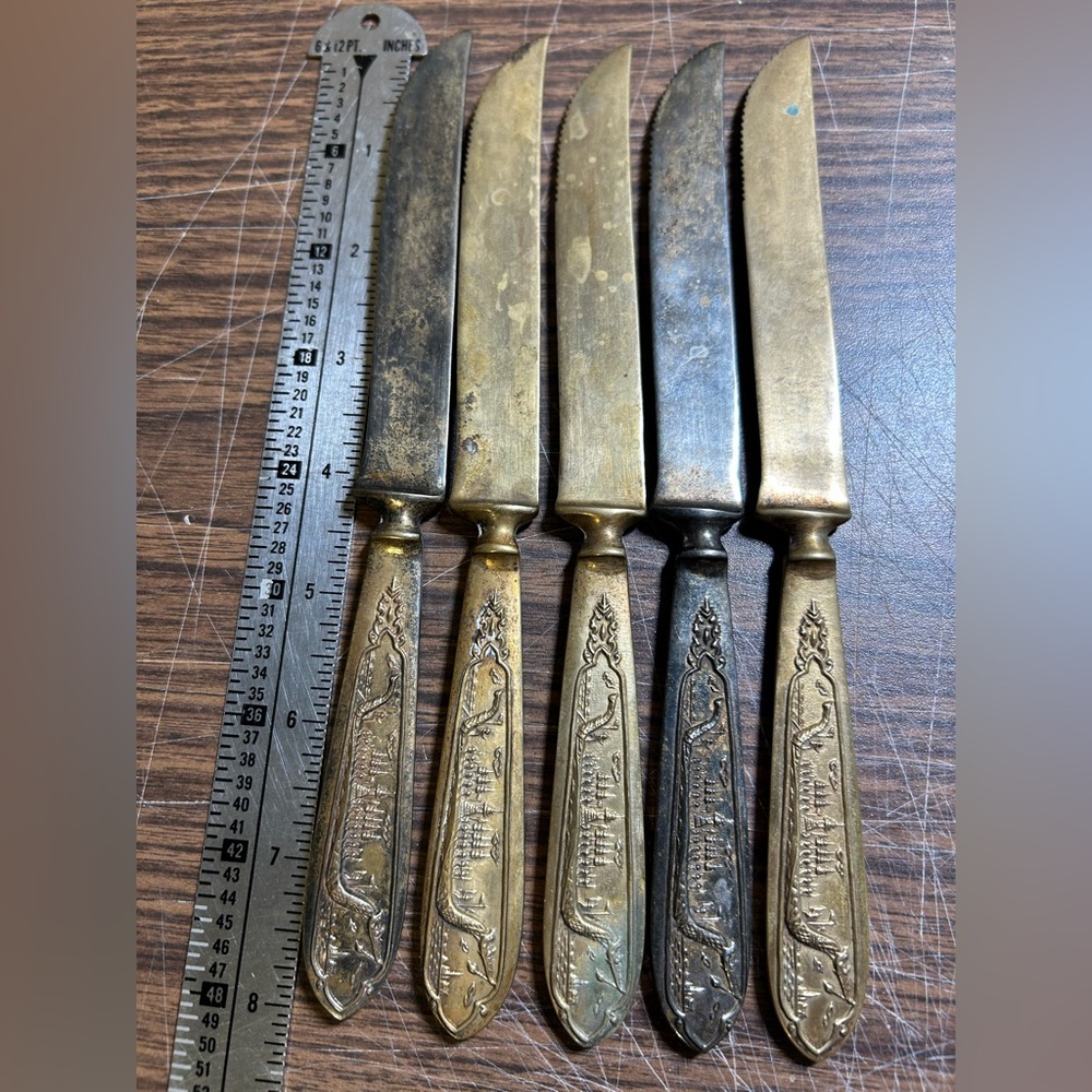 Vintage brass flatware dragon Viking ship design 5 steak knives